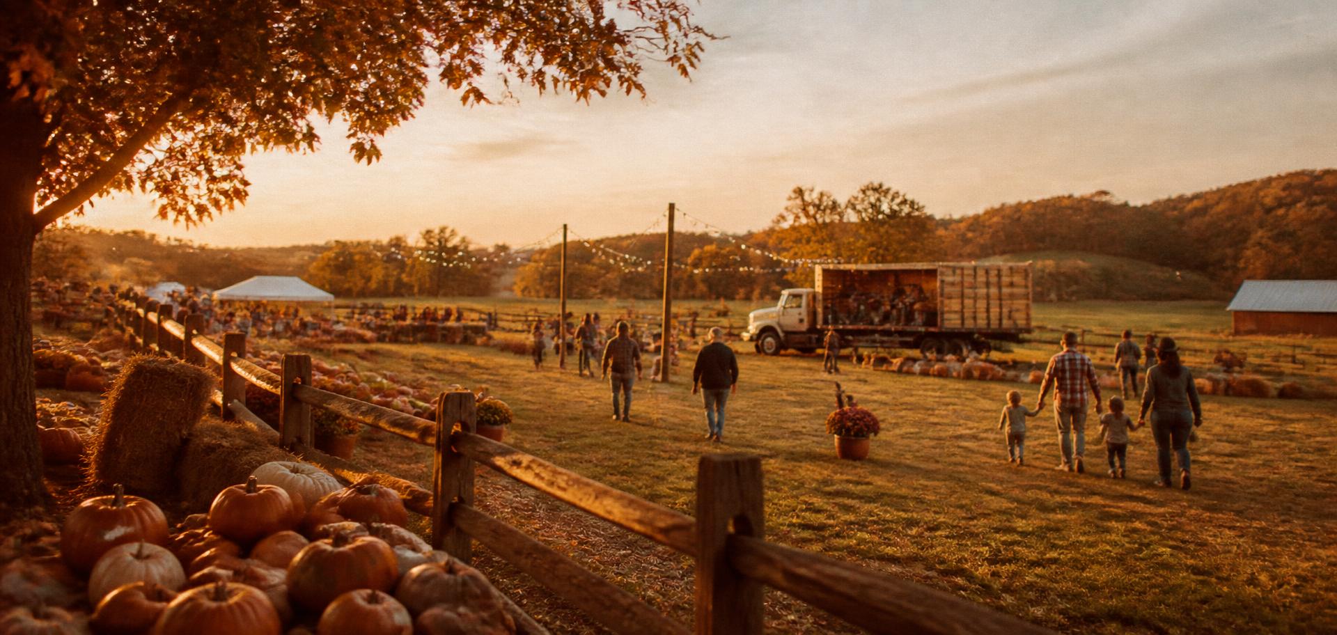 Golden hour over the fall festival field at Circle P Ranch